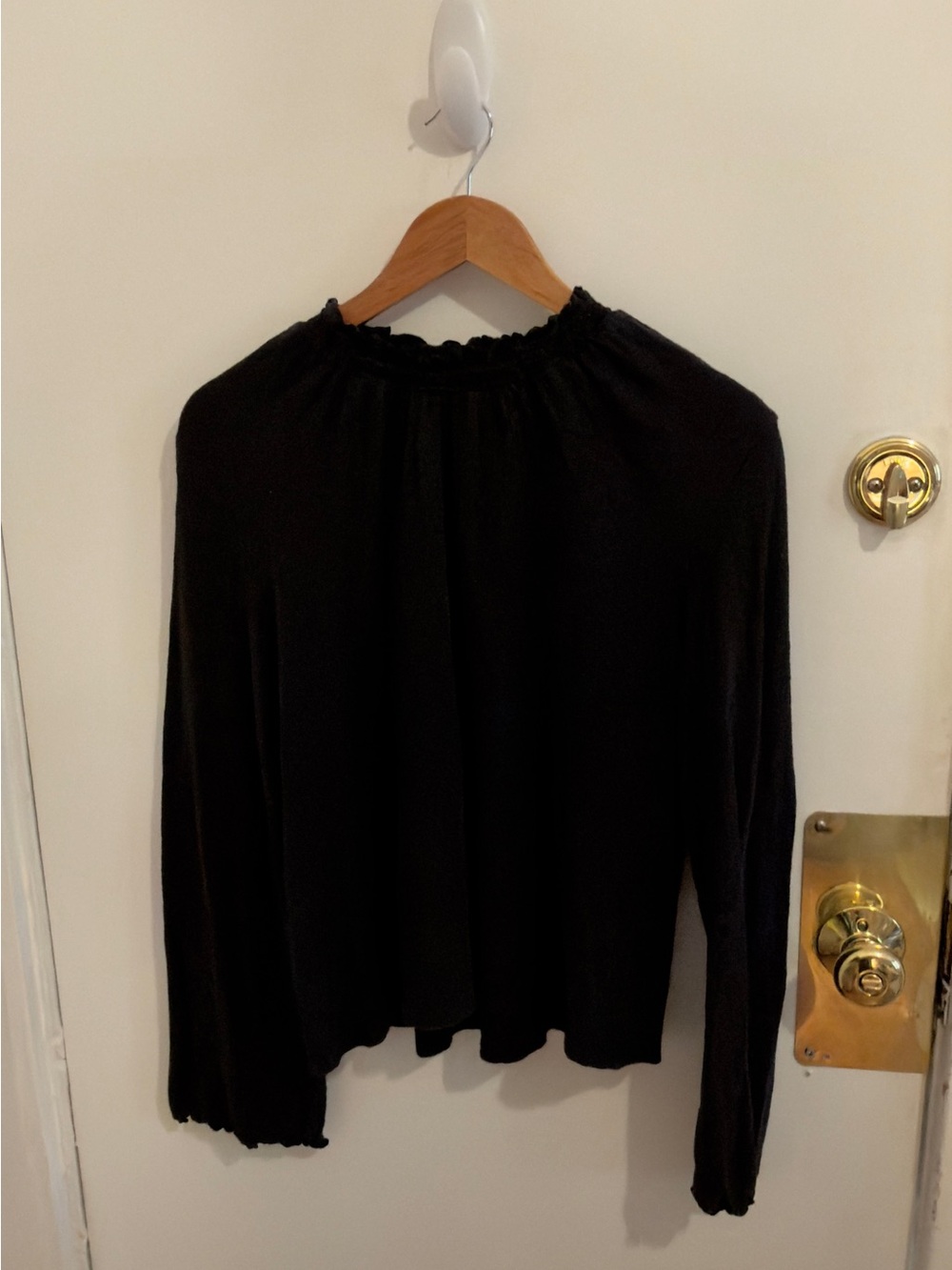Madewell Black Long-Sleeve Smocked-Ruffle Neck Top